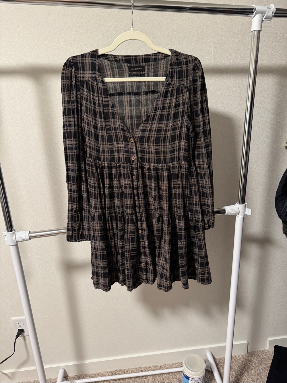 Urban Outfitters XS Black Beige Plaid Tiered V-Neck Button Mini Dress Viscose